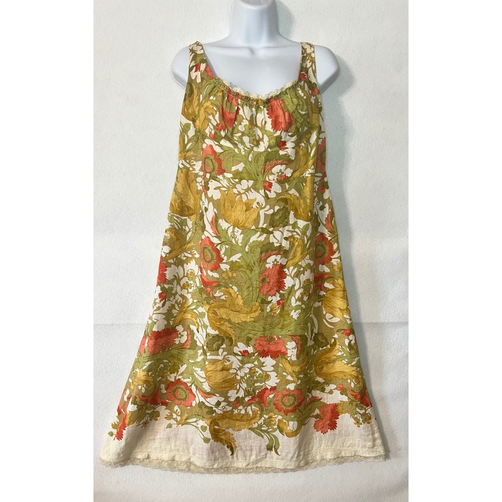 Gianni Bini Linen Floral Cottagecore Chic Midi Dress Lace‎ Trim Sz 12